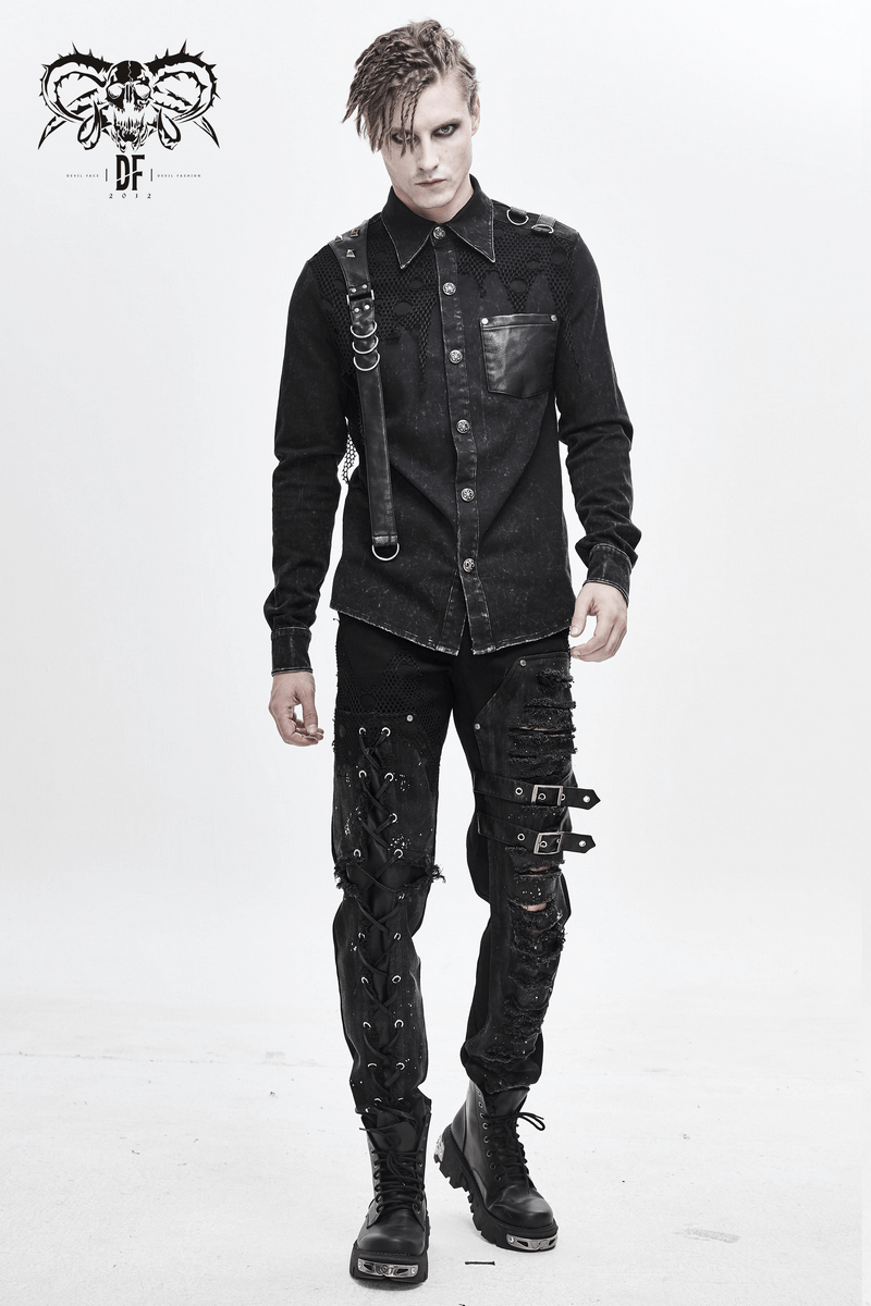 Punk Men's Black Shirt With PU Leather Flaps \u0026 Torn Mesh / Gothic Male  Clasps \u0026 Rivets Shirts | HARD'N'HEAVY